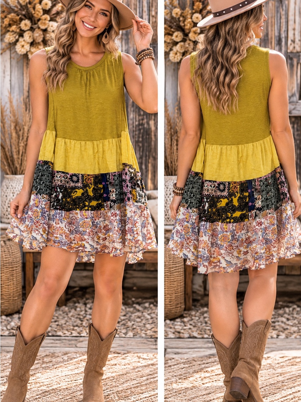 Umgee Olive and Mustard Patchwork Tiered Boho Dress